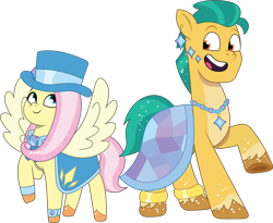 Size: 1909x1567 | Tagged: safe, artist:prixy05, derpibooru original, part of a set, character:fluttershy, character:hitch trailblazer, species:earth pony, species:pegasus, species:pony, g4, g5, my little pony: tell your tale, blaze (coat marking), clothes swap, clothing, coat markings, colored hooves, crossdressing, crystal ball (episode), digital art, duo, duo male and female, female, g4 to g5, generation leap, hat, hitch and his 2nd heroine, hoof heart, hooves, male, mare, raised hoof, simple background, socks (coat marking), spread wings, stallion, tell your tale accurate, top hat, transparent background, underhoof, unshorn fetlocks, vector, wings