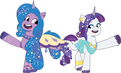 Size: 2739x1648 | Tagged: safe, artist:prixy05, derpibooru original, part of a set, character:izzy moonbow, character:rarity, species:pony, species:unicorn, g4, g5, my little pony: tell your tale, clothes swap, clothing, colored hooves, crystal ball (episode), digital art, dress, duo, duo female, female, g4 to g5, generation leap, gradient hair, hoof heart, hooves, horn, izzy and her second heroine, mare, multicolored hair, raised hoof, raised leg, simple background, standing on two hooves, tell your tale accurate, transparent background, underhoof, unshorn fetlocks, vector