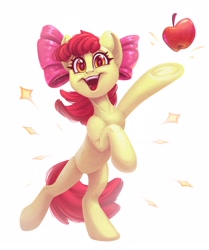 Size: 1802x2160 | Tagged: safe, artist:amishy, artist:amishyart, character:apple bloom, species:earth pony, species:pony, g4, adorabloom, apple, apple bloom's bow, apple family member, bow, cute, female, filly, food, hair bow, heart, heart eyes, looking at you, open mouth, open smile, simple background, smiling, smiling at you, solo, sparkles, underhoof, white background, wingding eyes, young