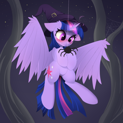 Size: 2000x2000 | Tagged: safe, artist:posionjoke, character:twilight sparkle, character:twilight sparkle (alicorn), species:alicorn, species:pony, g4, blushing, clothing, eyebrows, female, flying, halloween, hat, high res, holiday, horn, looking at something, mare, night, night sky, outdoors, sky, solo, spider web, spooky, spread wings, stars, tree branch, wings, witch hat