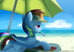 Size: 4500x3181 | Tagged: safe, artist:neoncel, character:rainbow dash, species:pegasus, species:pony, g4, beach, butt, cloud, eyebrows, female, folded wings, food, high res, licking, lidded eyes, lying down, mare, open mouth, outdoors, plot, popsicle, prone, sky, solo, sploot, tail, tongue out, umbrella, water, wings