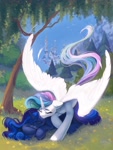 Size: 1920x2560 | Tagged: safe, artist:amishy, artist:amishyart, character:princess celestia, character:princess luna, species:alicorn, species:pony, g4, canterlot castle, duo, duo female, eyes closed, female, grass, high res, horn, lying down, mare, outdoors, prone, royal sisters, siblings, sisters, spread wings, tree, wings