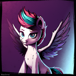 Size: 4100x4100 | Tagged: safe, artist:adagiostring, artist:adagiostringmlp, character:zipp storm, species:pegasus, species:pony, g5, my little pony: a new generation, absurd resolution, adorazipp, colored wings, commission, cool, cute, eyebrows, female, generation, gradient background, grin, looking at you, mare, multicolored wings, signature, smiling, smiling at you, solo, spread wings, three quarter view, wings