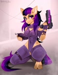 Size: 1558x2000 | Tagged: safe, artist:buvanybu, oc, oc:fila brightspark, species:anthro, species:earth pony, species:plantigrade anthro, species:pony, blaster, bomb, clothing, confident, explosives, fingerless gloves, gloves, gun, indoors, interior, kneeling, leggings, room, science fiction, simple background, smiling, solo, weapon, ych result, your character here