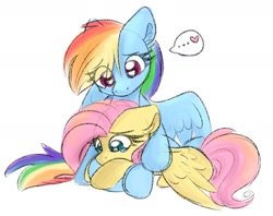 Size: 1771x1403 | Tagged: safe, artist:littleblackraencloud, character:fluttershy, character:rainbow dash, species:pegasus, species:pony, ship:flutterdash, g4, ..., comforting, crying, duo, duo female, eyebrows, female, heart, heart eyes, lesbian, mare, sad, shipping, simple background, speech bubble, spoken heart, teary eyes, white background, wingding eyes