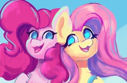 Size: 1046x686 | Tagged: safe, artist:saphypone, character:fluttershy, character:pinkie pie, species:earth pony, species:pegasus, species:pony, g4, bust, duo, duo female, female, mare, no pupils, open mouth, open smile, portrait, smiling