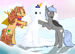 Size: 3118x2267 | Tagged: safe, artist:scoundrel scaramouche, oc, oc:grey, oc:highland spring, species:bat pony, species:pony, species:unicorn, bat pony oc, bat wings, clothing, hearth's warming, high res, holiday, leg brace, scarf, snowpony, wings, winter