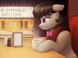 Size: 3200x2400 | Tagged: safe, artist:novaintellus, character:octavia melody, species:earth pony, species:pony, g4, booth, bow tie, cafe, clothing, coffee, coffee mug, drink, female, floppy ears, high res, indoors, mare, mug, rain, signature, sitting, solo, table, window