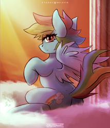 Size: 2500x2926 | Tagged: safe, artist:crutonart, artist:foxinshadow, character:rainbow dash, species:pegasus, species:pony, g4, cloud, cloudsdale, collaboration, crepuscular rays, cute, dashabetes, dusk, eye clipping through hair, eyebrows, eyebrows visible through hair, female, high res, looking at you, looking back, looking back at you, mare, on a cloud, pillar, profile, sitting, sitting on a cloud, solo, spread wings, sunset, tail, wings