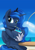 Size: 2893x4092 | Tagged: safe, artist:neoncel, character:princess luna, species:alicorn, species:bird, species:pony, species:seagull, g4, beach, clothing, cloud, crown, cup, cute, day, drink, drinking, drinking straw, female, high res, hoof shoes, horn, jewelry, looking at you, lunabetes, mare, necklace, outdoors, peytral, princess shoes, rainbow, regalia, shoes, sitting, sky, slushie, solo, table, water, wings