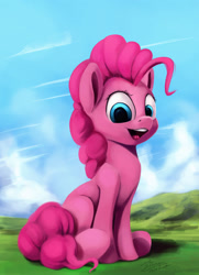 Size: 1303x1800 | Tagged: safe, artist:insanerobocat, character:pinkie pie, species:earth pony, species:pony, g4, cute, diapinkes, female, grass, mare, open mouth, open smile, outdoors, signature, sitting, sky, smiling, solo