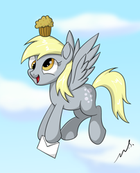 Size: 2420x3000 | Tagged: safe, artist:mercurysparkle, character:derpy hooves, species:pegasus, species:pony, g4, cloud, cute, derpabetes, female, flying, food, high res, letter, mare, muffin, open mouth, open smile, outdoors, signature, sky, smiling, solo, spread wings, wings