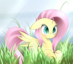Size: 4200x3650 | Tagged: safe, artist:posionjoke, character:fluttershy, species:pegasus, species:pony, g4, blushing, cute, female, floppy ears, grass, high res, lying down, mare, outdoors, prone, shyabetes, smiling, solo, stray strand, wings