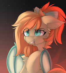 Size: 3688x4044 | Tagged: safe, artist:lunylin, oc, oc only, oc:sunshine drift, species:bat pony, species:pony, bat ears, bat pony oc, bat wings, bow, chest fluff, eye clipping through hair, female, hair bow, high res, holding, mare, mouth hold, signature, slit pupils, solo, wings