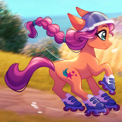 Size: 2048x2048 | Tagged: safe, artist:carouselunique, character:sunny starscout, species:earth pony, species:pony, g5, my little pony: a new generation, braid, colored eyebrows, cute, eyebrows, female, helmet, mare, profile, raised hoof, roller skates, rollerblades, smiling, solo, sunnybetes