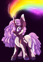 Size: 1431x2048 | Tagged: safe, artist:carouselunique, idw, character:violette rainbow, species:pony, species:unicorn, g5, spoiler:comic, spoiler:g5comic14, colored hooves, cute, dark background, dreadlocks, female, filly, foal, hair over one eye, hooves, horn, magic, mottled coat, rainbow, simple background, smiling, solo, tail, unshorn fetlocks, violettebetes, vitiligo, young