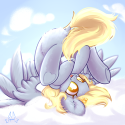 Size: 1000x1000 | Tagged: safe, artist:persikulka, artist:persikulkahouse, character:derpy hooves, species:pegasus, species:pony, g4, blep, butt, cloud, commission, cute, derpabetes, dock, ear fluff, female, hoof heart, mare, on a cloud, plot, sky, smiling, solo, spread wings, tail, tongue out, underhoof, upside down, wings, ych result