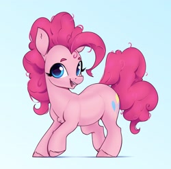 Size: 2600x2560 | Tagged: safe, artist:aquaticvibes, character:pinkie pie, species:earth pony, species:pony, g4, blue background, chest fluff, colored eyebrows, eyelashes, female, looking at you, mare, open mouth, raised hoof, simple background, solo, tail
