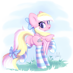 Size: 2048x2048 | Tagged: safe, artist:persikulka, artist:persikulkahouse, oc, oc only, oc:bay breeze, species:pegasus, species:pony, bow, butt, clothing, cute, dock, featureless crotch, female, hair bow, heart, heart eyes, high res, looking at you, looking back, looking back at you, mare, ocbetes, open mouth, open smile, pegasus oc, plot, raised hoof, raised leg, smiling, smiling at you, socks, solo, striped socks, tail, tail bow, wingding eyes, wings