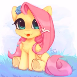 Size: 1293x1292 | Tagged: safe, artist:persikulkahouse, artist:vensual99, character:fluttershy, species:pegasus, species:pony, g4, blep, chest fluff, chibi, cute, female, hoof heart, looking at you, mare, shyabetes, sitting, smiling, smiling at you, solo, tongue out, underhoof