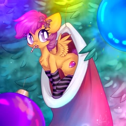 Size: 2003x2003 | Tagged: safe, artist:persikulkahouse, character:scootaloo, species:pegasus, species:pony, g4, candy, candy cane, chest fluff, christmas, christmas stocking, christmas tree, clothing, cute, cutealoo, female, fluffy, food, high res, holding, holiday, looking at you, mouth hold, socks, solo, spread wings, starry eyes, striped socks, the cmc's cutie marks, tree, wingding eyes, wings