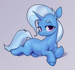 Size: 2521x2352 | Tagged: safe, artist:aquaticvibes, character:trixie, species:pony, species:unicorn, g4, colored eyebrows, eyebrows, eyelashes, female, gray background, horn, looking at you, lying down, mare, on side, simple background, smiling, solo, tail