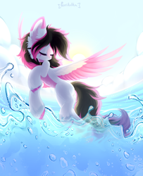 Size: 2600x3200 | Tagged: safe, artist:persikulka, artist:persikulkahouse, oc, oc only, oc:lunylin, species:pegasus, species:pony, collar, eyes closed, female, flying, high res, mare, outdoors, pegasus oc, solo, spread wings, sun, water, wings