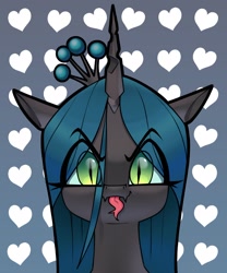 Size: 1944x2331 | Tagged: safe, artist:aquaticvibes, character:queen chrysalis, species:changeling, g4, changeling queen, crown, eye clipping through hair, eyebrows, eyebrows visible through hair, eyelashes, female, heart, horn, jewelry, looking at you, portrait, regalia, slit eyes, solo, tongue out