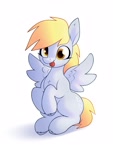 Size: 1875x2500 | Tagged: safe, artist:aquaticvibes, character:derpy hooves, species:pegasus, species:pony, g4, chest fluff, cute, derpabetes, eyelashes, feathered wings, female, mare, shadow, simple background, sitting, solo, spread wings, tongue out, white background, wings