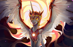 Size: 3472x2205 | Tagged: safe, artist:shiqiuzhu, character:daybreaker, character:princess celestia, species:alicorn, species:pony, g4, armor, fangs, female, helmet, high res, horn, mare, open mouth, sharp teeth, solo, spread wings, wings