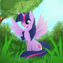 Size: 1800x1800 | Tagged: safe, artist:posionjoke, character:twilight sparkle, character:twilight sparkle (alicorn), species:alicorn, species:pony, g4, blep, blushing, cute, eye clipping through hair, female, grass, horn, mare, nature, one eye closed, outdoors, silly, silly pony, sitting, solo, spread wings, tail, tongue out, tree, twiabetes, wings
