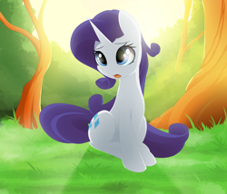 Size: 1920x1647 | Tagged: safe, artist:posionjoke, character:rarity, species:pony, species:unicorn, g4, crepuscular rays, cute, eyebrows, female, forest, grass, horn, mare, nature, open mouth, raribetes, sitting, solo, sun, tree