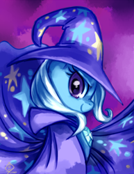 Size: 2550x3300 | Tagged: safe, artist:diamonddusted, character:trixie, species:pony, species:unicorn, g4, brooch, bust, cape, clothing, female, hat, high res, jewelry, looking at you, mare, portrait, profile, signature, smiling, smiling at you, solo, trixie's brooch, trixie's cape, trixie's hat, wizard hat
