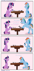 Size: 3000x6216 | Tagged: safe, artist:supermarine_spitfire, character:rainbow dash, character:twilight sparkle, species:pegasus, species:pony, species:unicorn, g4, blep, chess, comic, en passant, manechat challenge, phone, scrunch, scrunchy face, sitting, stomping, tongue out, unshorn fetlocks