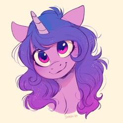 Size: 2757x2757 | Tagged: safe, artist:imalou, character:izzy moonbow, species:pony, species:unicorn, g5, bust, commission, cute, female, gradient hair, horn, izzybetes, looking at you, mare, multicolored hair, simple background, smiling, solo, yellow background