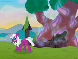 Size: 5600x4200 | Tagged: safe, artist:alejandrogmj, character:opaline arcana, species:alicorn, species:pony, g5, my little pony: tell your tale, alternate hairstyle, burning, eyes closed, fire, opaline's dark castle, ruins, teeth, tired, together tree, tree