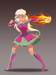 Size: 3500x4642 | Tagged: safe, artist:伟 沈, character:opaline arcana, species:human, g5, action pose, boots, clothing, female, fire, gradient background, gray background, high heel boots, high heels, humanized, light skin, pose, punch, shoes, simple background, skirt, slender, solo, species swap, thin, turned head