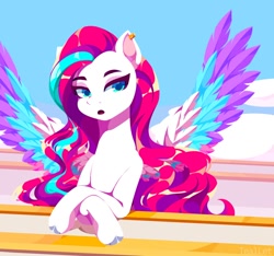 Size: 1306x1224 | Tagged: safe, artist:teallet, character:zipp storm, species:pegasus, species:pony, g5, alternate hairstyle, colored hooves, colored wings, ear piercing, earring, eyebrows, female, hooves, jewelry, long hair, long mane, looking at you, mare, multicolored wings, open mouth, piercing, solo, spread wings, unshorn fetlocks, wings