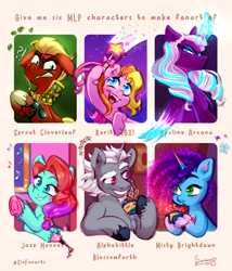 Size: 2705x3156 | Tagged: safe, artist:soniana252, character:alphabittle blossomforth, character:jazz hooves, character:misty brightdawn, character:opaline arcana, character:rarity (g3), character:sprout, species:alicorn, species:earth pony, species:pegasus, species:pony, species:unicorn, episode:the runaway rainbow, g3, g5, my little pony: a new generation, my little pony: make your mark, drink, food, horn, rebirth misty, six fanarts, tea, wand