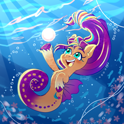 Size: 2750x2750 | Tagged: safe, artist:soniana252, idw, character:sunny starscout, species:earth pony, species:pony, species:sea pony, species:seapony (g4), g5, spoiler:comic, spoiler:g5comic, blue background, blushing, bubble, chest fluff, coat markings, colored hooves, crepuscular rays, cute, digital art, dorsal fin, ear fluff, female, fin, fins, fish, fish tail, floating, flowing mane, glowing, green eyes, happy, high res, hooves, mane stripe sunny, mare, merpony, ocean, open mouth, open smile, pearl, purple mane, scales, seahorse, seaponified, seapony sunny starscout, set your sail, simple background, smiling, socks (coat marking), solo, species swap, starfish, sunlight, sunnybetes, swimming, tail, teeth, underhoof, underwater, unshorn fetlocks, water