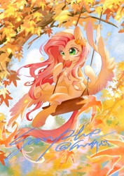 Size: 2480x3508 | Tagged: safe, artist:co306012, character:fluttershy, species:pegasus, species:pony, g4, chest fluff, female, high res, leaves, mare, open mouth, open smile, outdoors, sitting, smiling, solo, spread wings, swing, swinging, tree, wings