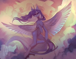 Size: 2048x1594 | Tagged: safe, artist:ower blackswan, character:princess cadance, species:alicorn, species:pony, g4, backlighting, chest fluff, cloud, female, flying, horn, in the air, leg fluff, mare, sad, solo, spread wings, tail, teary eyes, wings