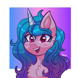 Size: 1280x1280 | Tagged: safe, artist:maxi_ponie, character:izzy moonbow, species:pony, species:unicorn, g5, my little pony: make your mark, blushing, bust, chest fluff, colored eyebrows, cute, eyebrows, eyebrows visible through hair, female, gradient background, gradient hair, happy, heart, heart eyes, horn, izzybetes, mare, multicolored hair, open mouth, open smile, passepartout, portrait, signature, smiling, solo, tongue out, wingding eyes