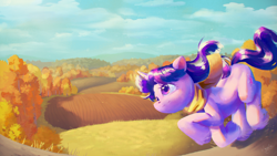 Size: 3840x2160 | Tagged: safe, artist:noashakoshka, artist:noashank, character:twilight sparkle, character:twilight sparkle (unicorn), species:pony, species:unicorn, g4, clothing, cloud, female, field, grass, high res, horn, mare, nature, outdoors, scarf, scenery, sky, smiling, solo, tree