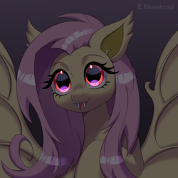 Size: 2400x2400 | Tagged: safe, artist:bloedrooi_e, artist:e-boi, character:flutterbat, character:fluttershy, species:bat pony, species:pony, g4, bat ears, bat ponified, bat wings, fangs, female, gradient background, high res, looking at you, mare, open mouth, race swap, sharp teeth, signature, solo, spread wings, wings