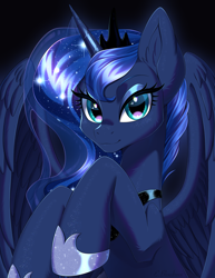 Size: 2700x3500 | Tagged: safe, artist:bloedrooi_e, artist:e-boi, character:princess luna, species:alicorn, species:pony, g4, clothing, crown, cute, female, high res, hoof shoes, horn, jewelry, looking at you, lunabetes, mare, necklace, peytral, princess shoes, regalia, shoes, smiling, smiling at you, solo, spread wings, wings
