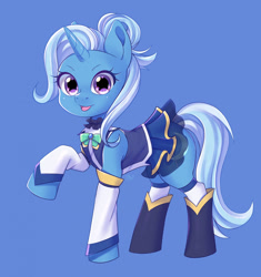 Size: 1203x1280 | Tagged: safe, artist:e.bloedrooi, character:trixie, species:pony, species:unicorn, g4, aqua (konosuba), blue background, clothing, female, horn, konosuba, looking at you, mare, open mouth, open smile, raised hoof, signature, simple background, skirt, smiling, smiling at you, solo