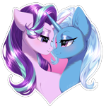 Size: 2700x2700 | Tagged: safe, artist:bloedrooi_e, artist:e-boi, artist:e.bloedrooi, character:starlight glimmer, character:trixie, species:pony, species:unicorn, ship:startrix, g4, blushing, duo, duo female, ear fluff, eye clipping through hair, eye contact, female, heart, heart eyes, high res, horn, lesbian, lidded eyes, looking at each other, looking at someone, mare, shipping, smiling, smiling at each other, transparent background, wingding eyes