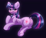Size: 3697x3027 | Tagged: safe, artist:bloedrooi_e, artist:e.bloedrooi, artist:eboi_ukraine, character:twilight sparkle, character:twilight sparkle (alicorn), species:alicorn, species:pony, g4, blushing, butt, dock, eyebrows, eyebrows visible through hair, female, folded wings, high res, horn, lidded eyes, mare, plot, signature, smiling, solo, tail, twibutt, underhoof, wings