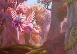 Size: 3000x2095 | Tagged: safe, artist:bloedrooi_e, character:izzy moonbow, species:alicorn, species:pony, g5, female, flying, forest, gradient hair, grass, high res, horn, mare, multicolored hair, nature, open mouth, open smile, outdoors, race swap, scenery, smiling, solo, spread wings, tree, unshorn fetlocks, wings